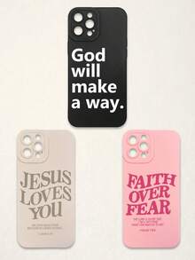 3pcs Christian Style Black/Beige/Pink Phone Cases Compatible With IPhone & Galaxy - Multicolor - View 26
