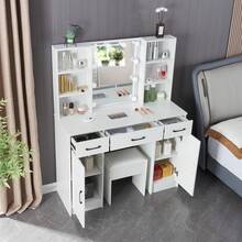 Dressing Table W/ LED Lights &Mirror Vanity Make Up Desk Drawers Storage Shelves - White - View 4