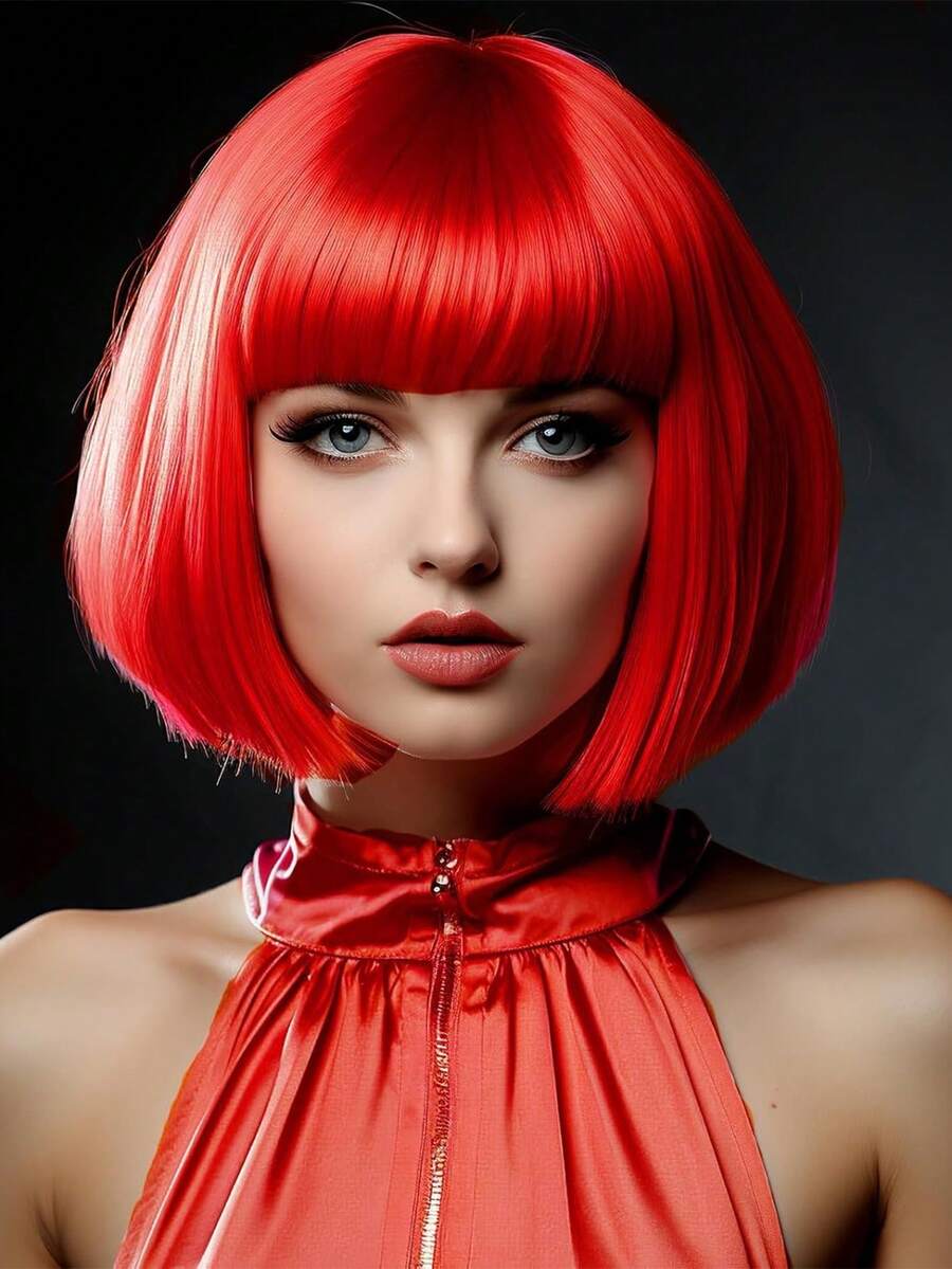 Peluca sintética de corte recto con flequillo plano, de 12 pulgadas/30 cm, estilo de moda para mujer (rojo) - Rojo - Ver 1