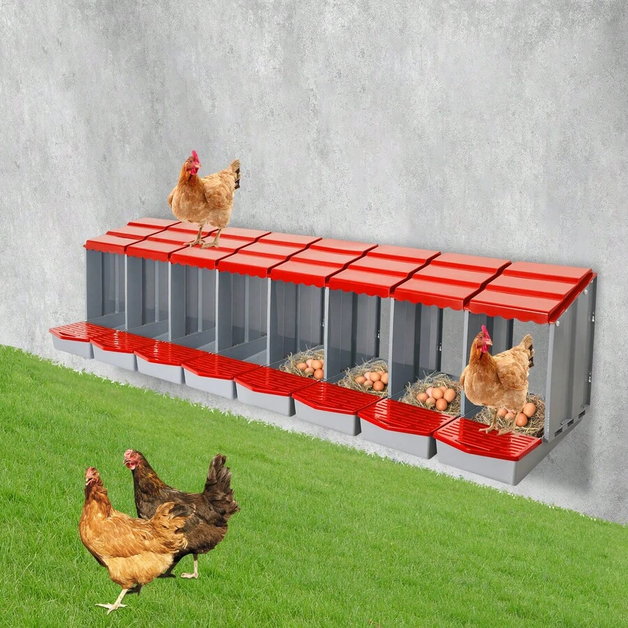 gladney 8-Compartment Red PP Chicken Nesting Box With Front Egg Collection, Freestanding Or Wall-Mounted, Sloped Roof Drain Holes And Non-Slip Lids, 222.8*51.5*46.5cm - Đỏ - Xem 1