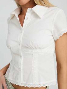 Women's Y2K Fashionable Chic White Shirt Collared Short Sleeve Lace Trim Button-Up Slim Fit Crop Blouse Summer Daily Street Outing - 白色 - 查看 5