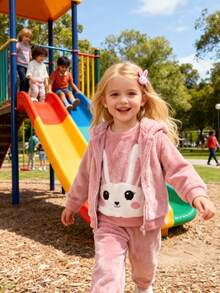 3 Stücke süßer Kaninchen Stickerei Fleece Langarm Top, einfarbige Hose und Kapuzen-Reißverschluss Weste Set, geeignet für Alltag und Outdoor, Herbst/Winter