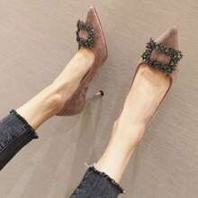 Zapatos de tacón de mujer,Zapatos de tacón de aguja versátiles de estilo francés con hebilla cuadrada adornada con pedrería. - Rosa - Ver 3