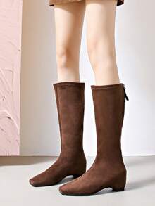 2025 Autumn/Winter Square Toe Wedge Heel Tall Boots, Suede Slim Fit Tall Boots, Solid Color Outdoor/Party/Office Wear Zipper Boots - Coffee Brown - View 2