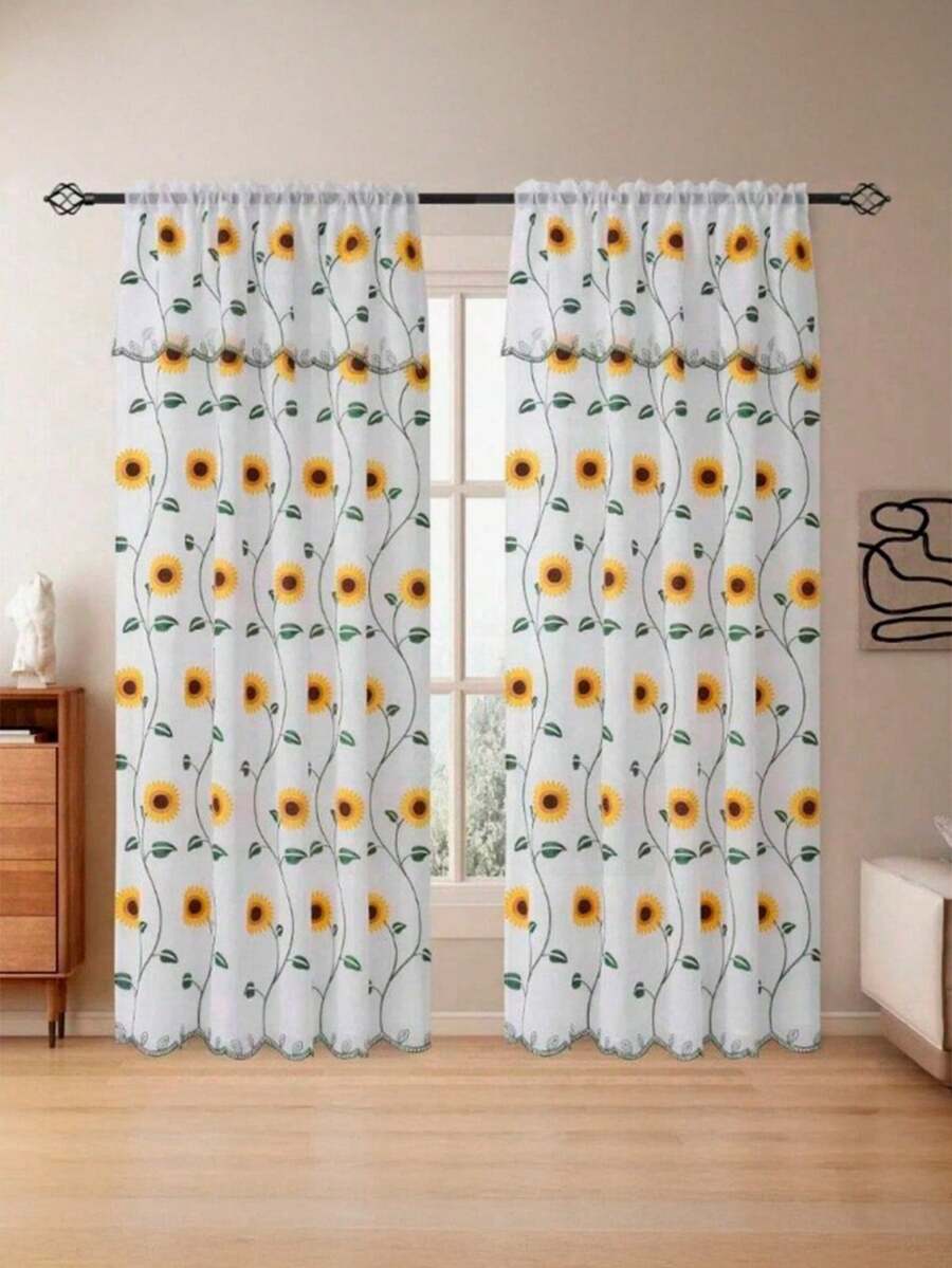 Cortina con Bordado Floral Translúcida Dos Capas 1.40x2.25m Diseño Girasol Amarillo o Tulipán Decoración Elegante Ventana Puerta Sala Cocina Dormitorio Filtro Luz Natural Decoración primaveral de ventana - Girasol - Ver 1