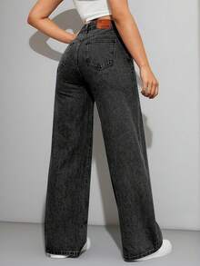 Jeans casuales de pierna recta y ajuste holgado para mujer con bolsillos, jeans rectos de moda, pantalones vaqueros holgados de mezclilla lavada, estilo vintage y casual, pierna ancha y talle alto para uso diario, cómodos, elásticos y aptos para todas las estaciones - Negro - Ver 2