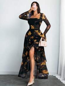 女士哥特式优雅性感长袖现代浪漫荷叶边花卉袖抽象印花连衣裙 春假 - 彩色 - 查看 5
