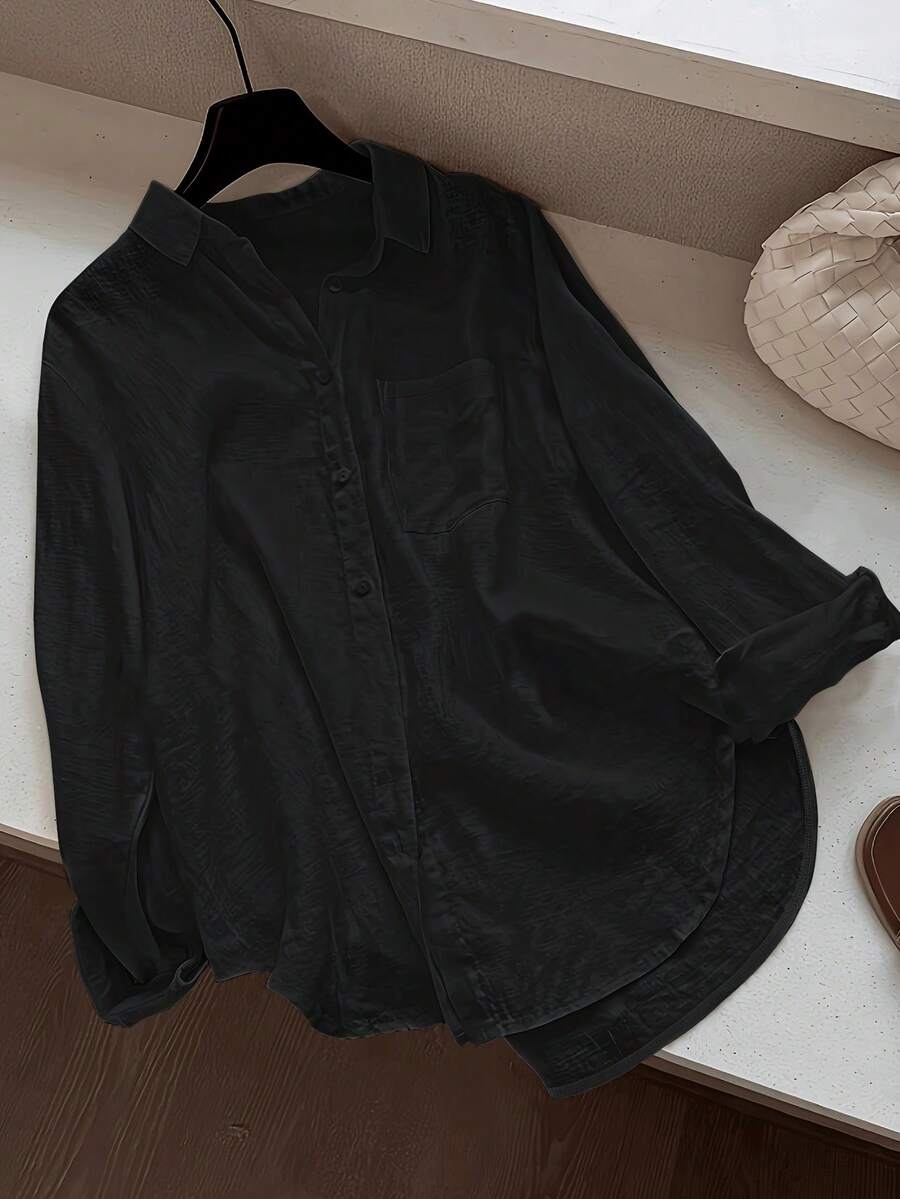 女士休闲纯色前扣弧形下摆衬衫 黑色 春季 - 黑色 - 查看 1
