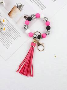1pc Leopard Print White Base Wooden Beaded Silicone & PU Tassel Keychain, For Bag/Keys Anti-Lost Pendant, Gift For Friends Car Accessories Bag Charm School Cute Goth Y2k Bag Lanyards With Id Holder Car Accessories Bag Charms Christmas Car Accessories Teacher Sister Gift Ideas - Pink - View 2