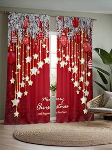 2 pièces Rideaux élégants avec motif d'étoile de boule de Noël rouge et or imprimé à plat, installation de tringle à poche, rideaux à impression numérique, matériau en polyester, convient pour le salon, la cuisine, la chambre, le bureau, la salle à manger, la décoration de la maison, la décoration de Noël