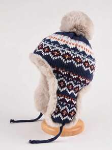 1pc Women's Patchwork Fuzzy Warm Knit Beanie Hat, Autumn/Winter, Suitable For Christmas And Outdoor Use In Winter - Navy Blue - View 2