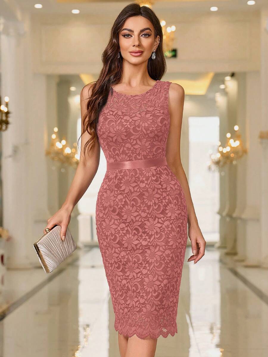 MIUSOL Solid Floral Lace Bodice Cocktail Party Fitted Dress Wedding Spring