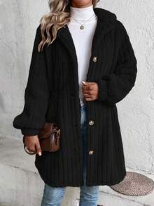 Abrigo de peluche con capucha y manga larga para mujer, chaqueta informal corta de punto acanalado, abrigo cálido de invierno - Negro - Ver 7