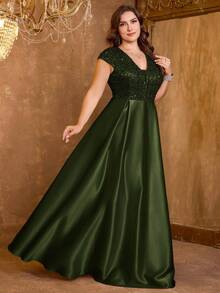 XUIBOL 亮片缎面拼接V领A字连衣裙，正式优雅大码女士晚礼服（重工装饰），适合舞会、婚礼宾客、毕业典礼、晚宴等场合。 - 橄欖綠 - 查看 2