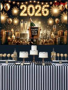 1 buc fundal negru auriu 2026 Anul Nou fericit, balon cu sclipici, banner și model de șampanie, pânză de fundal din poliester 150 * 100 cm, consumabile pentru sărbătoarea Anului Nou, decor pentru petrecerea de Anul Nou, recuzită pentru cabina foto de Anul Nou, decorațiuni de Anul Nou, consumabile pentru petreceri de sărbători - Multicolor - Vizualizare 6