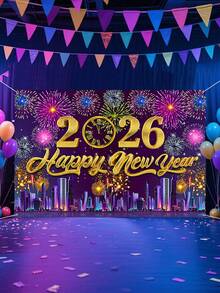1件2026新年快乐背景布，彩色烟花图案背景布，150*100厘米涤纶背景布，新年庆祝用品，新年派对装饰，新年拍照道具，新年装饰品，节日派对用品 - 彩色 - 查看 5