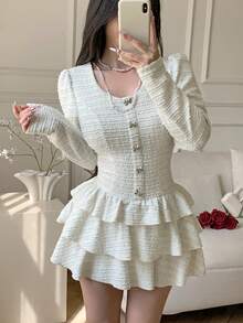 abyoxi 女士米色粗花呢方领蝴蝶结纽扣层叠荷叶边短连衣裙，甜美复古，优雅可爱，浪漫约会，休闲下午茶，秋冬迷你连衣裙 - 米色 - 查看 3