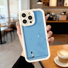 Cubierta de telefono con borde negro azul claro con estampado de niña sentada sosteniendo globo blanco para uso diario en cafeterias y espacios urbanos Aplicable a los teléfonos de la serie Apple y Galaxy - Burdeos - Ver 4