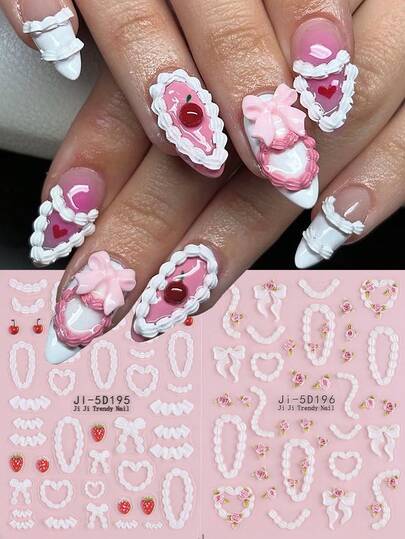 蛋糕奶油美甲贴纸 法式奶油条纹蕾丝边草莓樱桃蝴蝶结 5D浮雕美甲装饰 DIY美甲沙龙贴纸