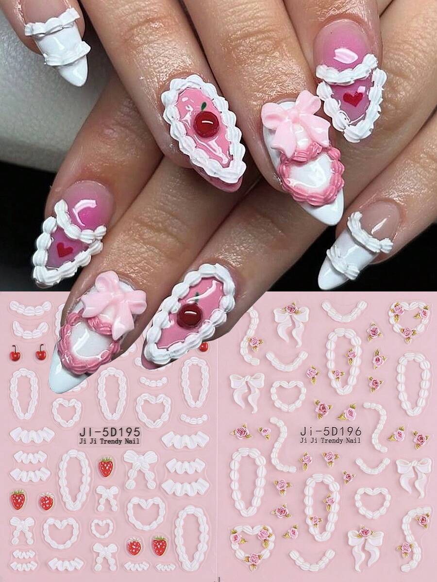 1 buc unghii autocolante cremă tort unghii franțuzești dungă dantelă margine căpșuni cireșe arc 5D relief unghii artă decorare DIY manichiură salon autocolante - Multicolor - Vizualizare 1