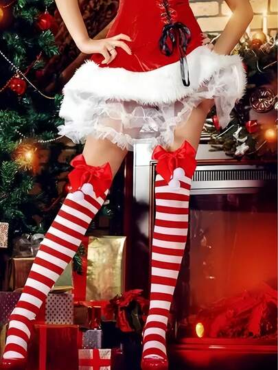 1双女士蝴蝶结、绒球、条纹过膝圣诞袜