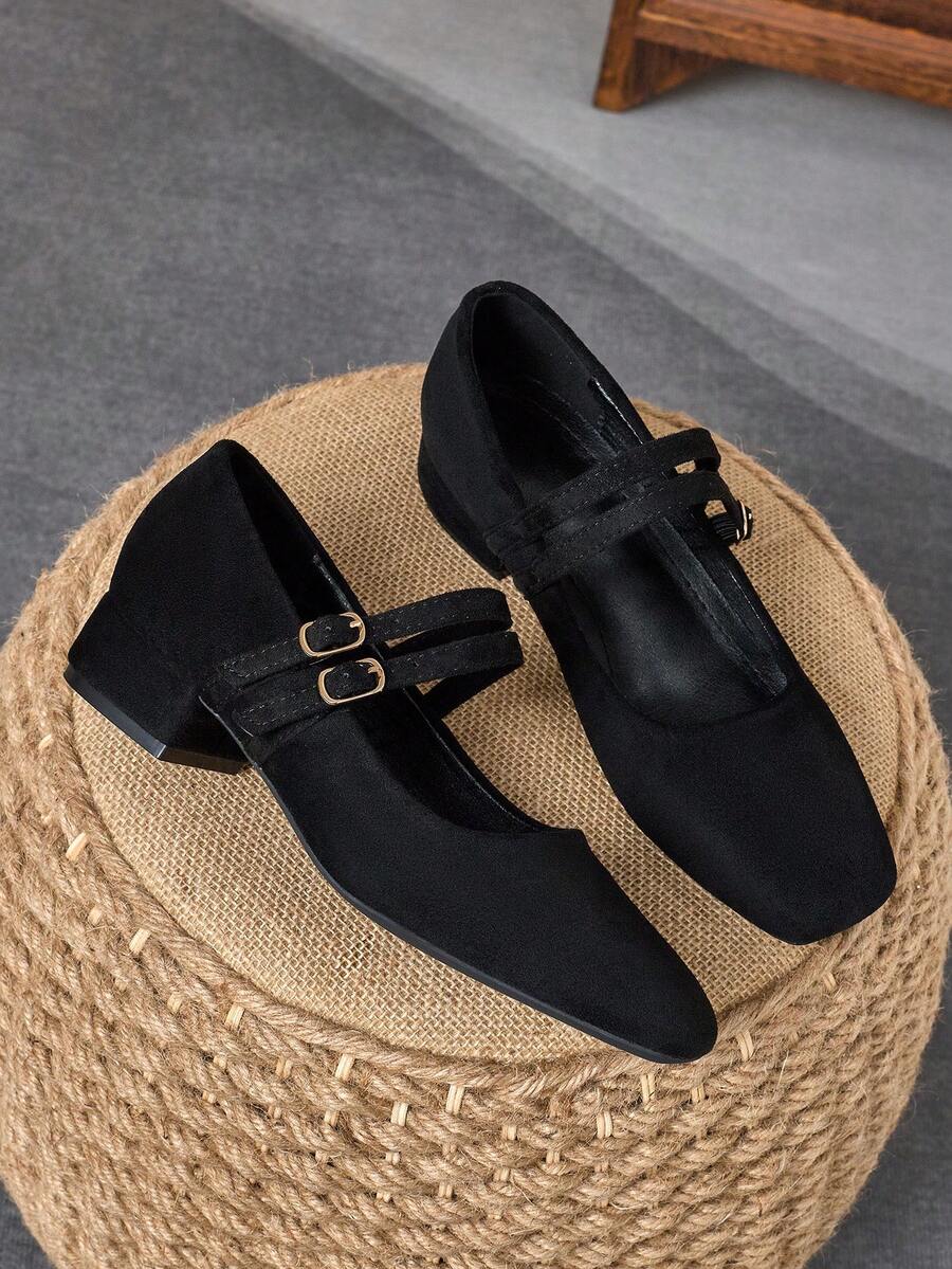 MonaNise 女式 3 厘米布面高跟时尚海军蓝金属酒红色玛丽珍低跟粗跟黑色平底鞋 - 黑色 - 查看 1