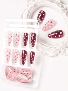 24-Piece Long Almond-Shaped Press On Nails, European And American French Solid Polka Dot Summer Nails, Simple And Sweet, Reusable Design, Suitable For Women's Daily Life And Travel