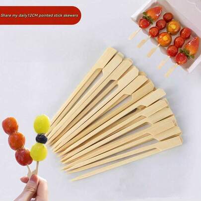 100pcs/Set Bamboo Skewers, 9cm/12cm/15cm Elegant Flat Bamboo Chopsticks, Suitable For Party, Drinks, Sandwiches, Fruits, BBQ, Cooked Food Trays, School Supplies, Kebabs, Sausages, Snacks, Hot Pot, Natural Wooden Bamboo Sticks, Mini Food