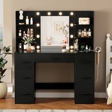 Furniwell 43" Vanity Desk Set With Power Outlet, Makeup Vanity Table With Bulbs Mirror 3 Color & Brightness Adjustable 7 Drawers For Storage,   Makeup Vanity Desk With Outlets, Large Mirror With Light Bulbs Color & Brightness Adjustable,  7 Drawers For Storage With Hairdryer Holder Christmas Gift For Girls Women - 墨黑 - 查看 1