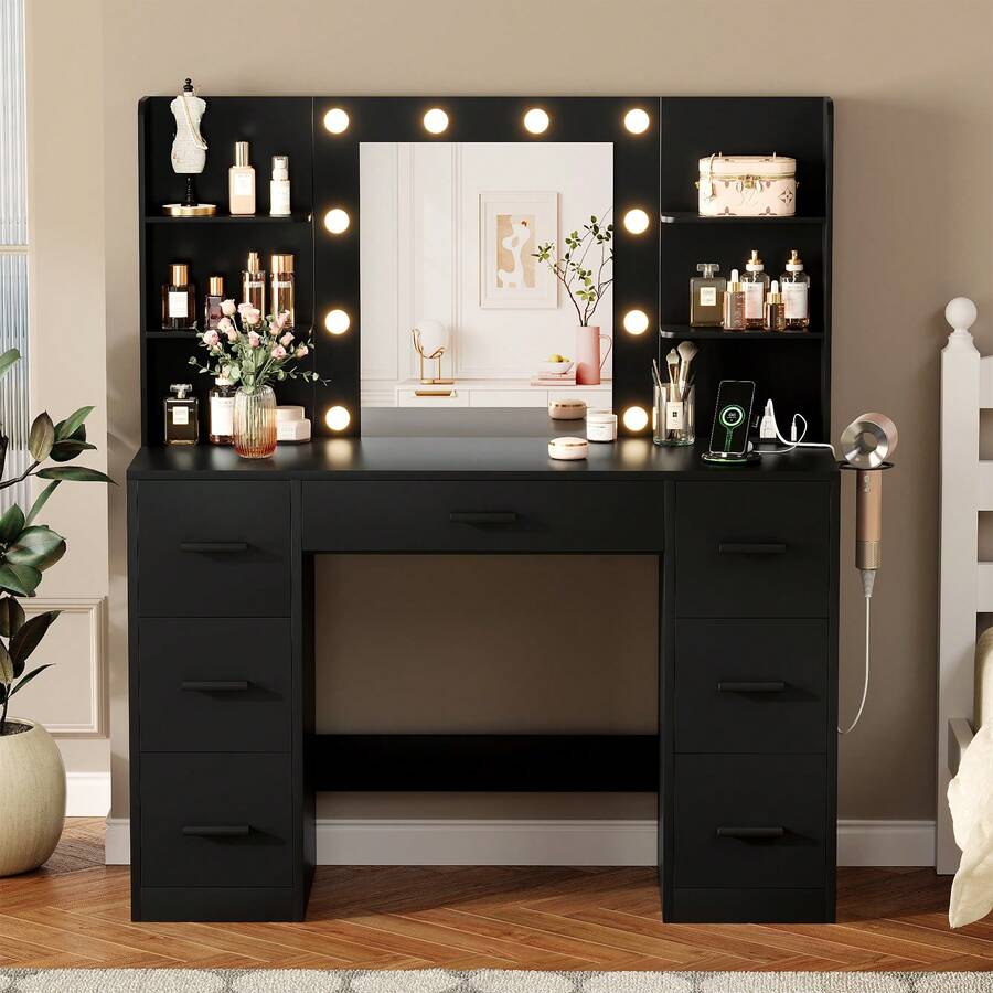 Furniwell 43" Vanity Desk Set With Power Outlet, Makeup Vanity Table With Bulbs Mirror 3 Color & Brightness Adjustable 7 Drawers For Storage,   Makeup Vanity Desk With Outlets, Large Mirror With Light Bulbs Color & Brightness Adjustable,  7 Drawers For Storage With Hairdryer Holder Christmas Gift For Girls Women - 墨黑 - 查看 1