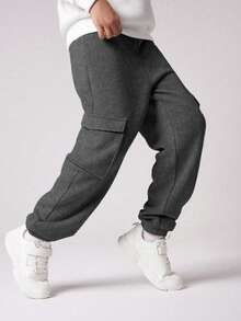1pc Tween Boys Casual Loose Outdoor Sports Workout Side Pocket Straight Leg Thermal Lined Sweatpants, Thick & Warm For Autumn/Winter - Dark Grey - View 3