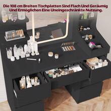 Devoko Vanity Unit With LED Lighting, 3-Stage Brightness Control, Vanity Unit With Adjustable Mirror, 7 Drawers And Open Shelves, Modern Wooden Dressing Table For The Bedroom, Stylish Contemporary Design, Stepless Dimming, White/Pink/Black - 黑色 - 查看 6