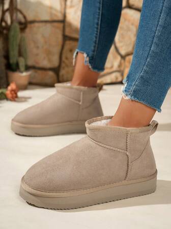 女士纯色休闲踝靴，保暖内衬，防滑，轻便舒适，厚底，适合秋冬季穿着