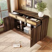 120cm Walnut Sideboard With Rattan And Gold Handles, 3 Drawers + 2 Cupboards + Open Shelf, Height-Adjustable Shelves, H85/W120/D40cm - 淺胡桃色 - 查看 9