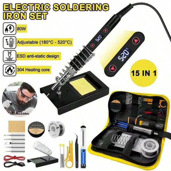 15pcs Soldering Iron Set 80W Adjustable Temperature Button Soldering Iron 180 To 520°C, LVD Digital Display, Constant Temperature Fast Heating Intelligent Soldering Iron Kit, Used For DIY Soldering Repair With Welding Wire, Soldering Iron Stand