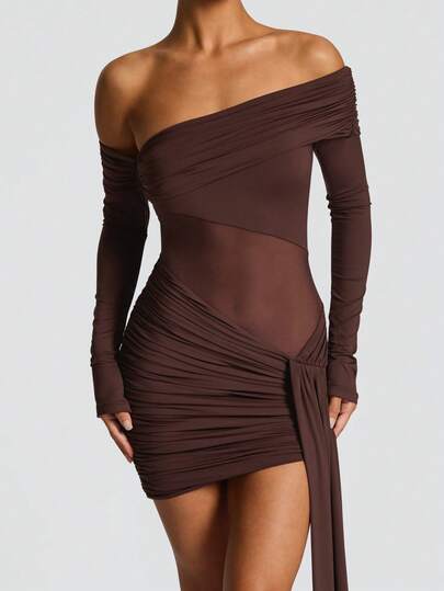 Elegant Women's Bodycon Cocktail Party Mini Dress, Knit One-Shoulder With Sheer Mesh Detail