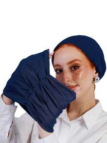 1pc Women's Classic 2-In-1 Instant Turban Headscarf & Headband, High Elasticity Pleated Design, Moisture-Wicking Jersey Fabric, Suitable For Muslim Daily Life And Outings - Navy Blue - View 2