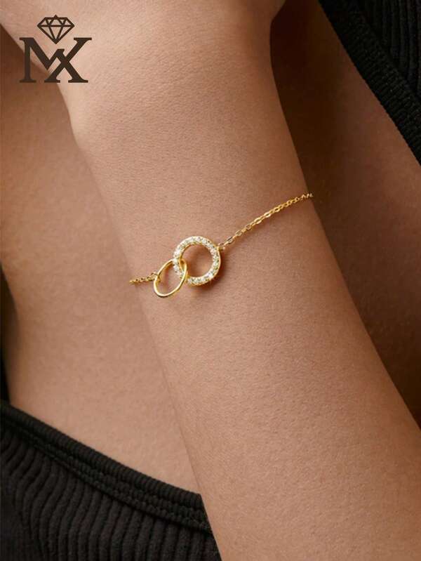 Pulsera elegante de mujer de plata de ley 925 con círculos entrelazados, joyería de moda con cadena chapada en oro y circonita cúbica