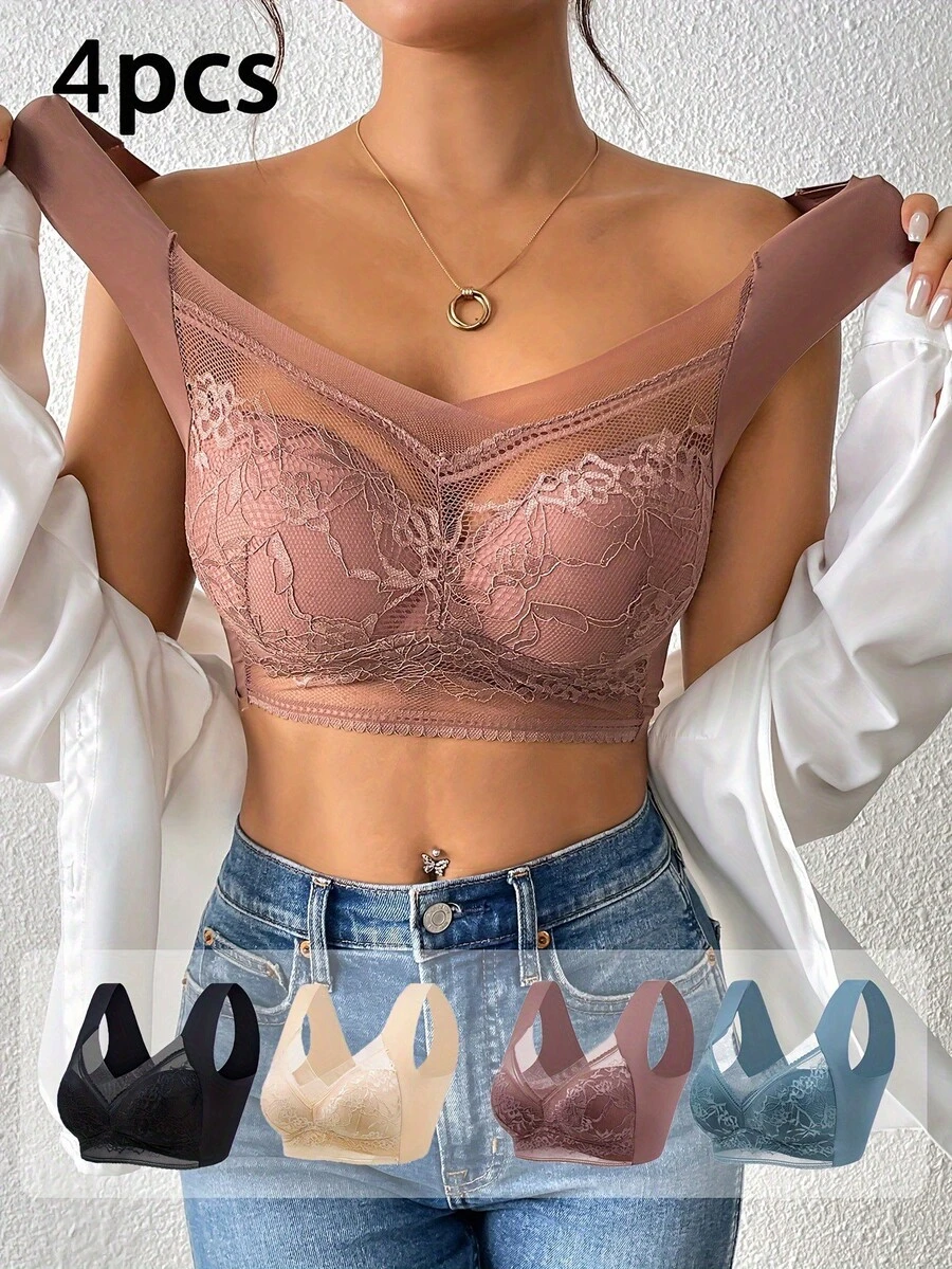 4-Pack Mixed-Color Women's Lace Contrasting Underwear, Daily Bras, Rimless Underwear And Bras - 混合色 - 查看 1