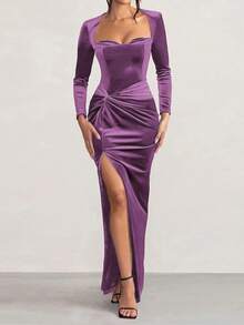 Onicee Summer Dress, Purple Velvet Long Sleeve Split Hem Party Dress, Elegant Dress Suitable For Valentine's Day, Dates, Gatherings, Parties, Travel, Vacation, Beach And Other Occasions - Purple - View 8