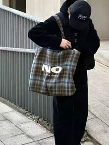 返校季特色格子帆布手提包，大容量通勤户外日常购物单肩手提包，女士款 - 彩色 - 查看 5