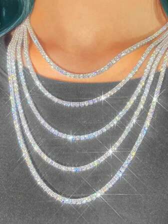 1pc Diamond Tennis Chain Necklace, Unisex Rhinestones Tennis Necklace, Thickened Bottom Edge Anti-Deformation, Suitable For Men And Women, Tennis And Cuban Link Chain, 18-24 Inches, Valentine's Day, Father's Day, Holiday, Party Gift