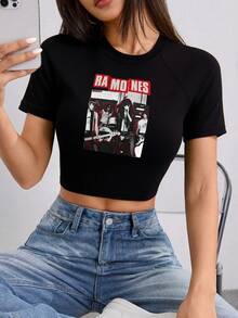 RAMONES Attractive T Shirt American Band Singer Tshirt Hip Hop Rock Short Sleeved Woman's Crop Top T Shirt High Quality Tee - 黑色-2 - 查看 2