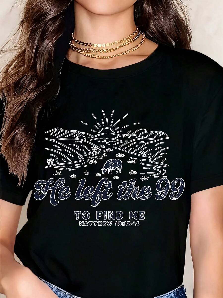 Women's T Shirt He Left The 99 To Find Me Matthew 18 12 13 Christian Faith Inspirational Graphic Tee Top - 黑色 - 查看 1