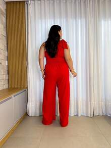 Women's Plus Size Curve Jumpsuit, Long, One-Shoulder, With Bow In Duna Print, Elegant For Parties - Đỏ - Xem 4