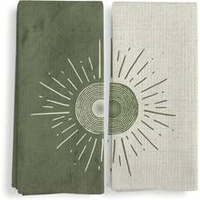 2-Piece Bohemian Green Sun Sunset Sun Moon Kitchen Towels, Microfiber Dish Cloths, 16x24inch - Soft, Highly Absorbent, Bathroom Hand Towels - Perfect For Home Use Or As Gifts, Gift Towels, Home Essentials, Bohemian Olive Green Tea Towels - 白色 - 查看 1