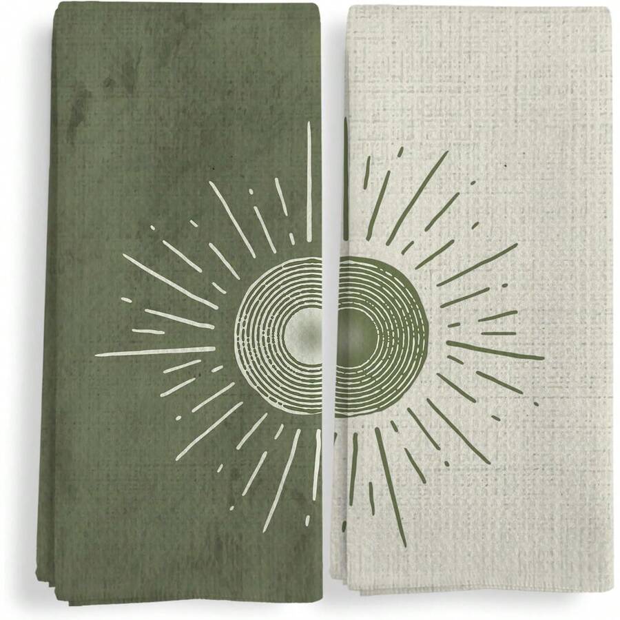2-Piece Bohemian Green Sun Sunset Sun Moon Kitchen Towels, Microfiber Dish Cloths, 16x24inch - Soft, Highly Absorbent, Bathroom Hand Towels - Perfect For Home Use Or As Gifts, Gift Towels, Home Essentials, Bohemian Olive Green Tea Towels - 白色 - 查看 1