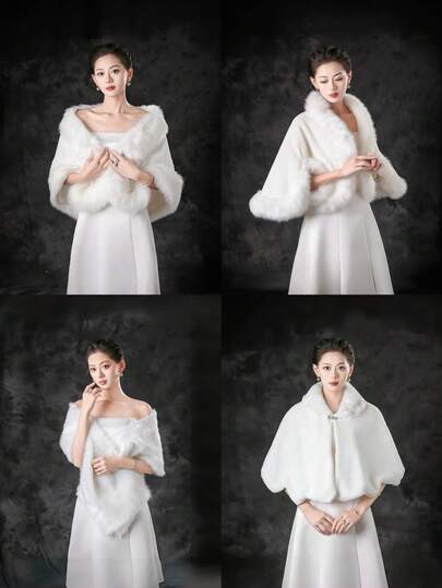 1pc Women's Fluffy White Shawl, Autumn/Winter Faux Fur Shawl, Plus Size Wavy Edge Butterfly Button Faux Fur Shawl, Long Fur Shawl, Large Fur Edge Fur Shawl, Open Front Fur Shawl, Warm Bridal Shawl, Wedding Dress Fur Shawl, Open Front Shawl, Long Shawl, Suitable For Wedding, Party, Evening, Performance, Elegant Retro Romantic Literary Fresh Luxury Plus Size Shawl Cape, Performance Dress Warm Shawl, Wedding Dress Shawl, Strapless Dress Shawl