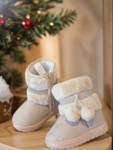 1 Pair Kids Boots, Khaki Color Plush Fur Ball Snow Boots, Soft Sole Anti-Slip, Mid-Calf Boots, Design Suitable For Boys & Girls Outdoor, Party, Travel, Winter