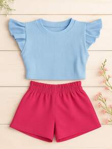 Conjunto Infantil Cropped Frufru Babado + Shorts Alfaiataria CJI042 - Pink e Azul Bebê - Visão 2